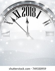 Grey 2018 New Year background with clock and snow. Vector illustration.