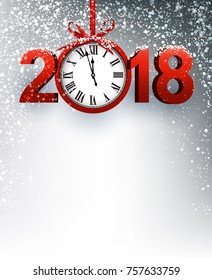 Grey 2018 New Year background with red clock. Vector illustration.