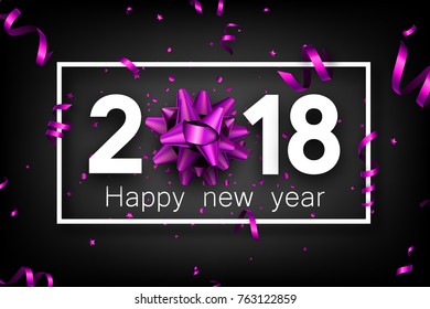 Grey 2018 new year background with purple bow and serpentine. Vector illustration.