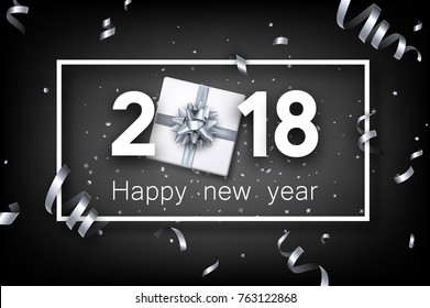 Grey 2018 new year background with gift and silver serpentine. Vector top view illustration.