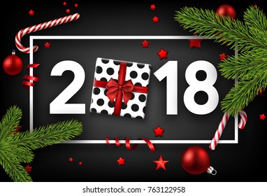 Grey 2018 new year background with gift and fir branches. Vector top view illustration.