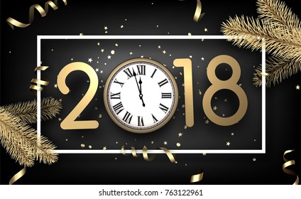 Grey 2018 new year background with fir branches and clock. Vector illustration.