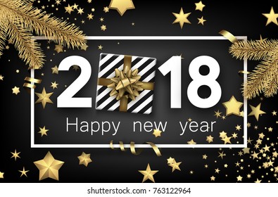 Grey 2018 new year background with gold stars and gift. Vector top view illustration.