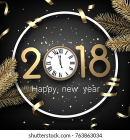 Gris 2018 nuevo año de fondo con ramas de abeto y reloj. Ilustración vectorial.