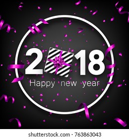 Grey 2018 new year background with gift and lilac serpentine. Vector top view illustration.