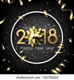 Graue 2018 neue Jahreskarte mit goldener Serpentine und Bogen. Vektorgrafik.