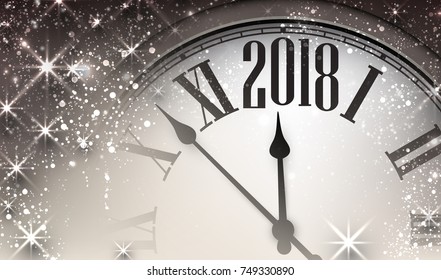 Grey 2018 New Year shining background with clock. Vector illustration.