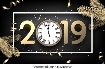 Grey 2019 happy New Year background with white frame, gold clock, fir branches  and serpentine. Christmas greeting card. Vector illustration.