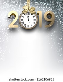 Grey 2019 New Year background with gold figures, clock and snow. Festive greeting card template. Vector illustration.