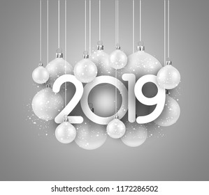 Grey 2019 new year background with white Christmas balls. Festive shiny decoration. Greeting card. Vector illustration.
