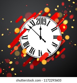Grey 2019 new year background with round clock and red shiny blurred pattern. Christmas greeting card template. Vector illustration.