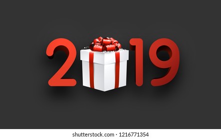 Grey 2019 New Year background with red numbers, gift box and snow. Greeting card or decoration. Vector 3d illustration.