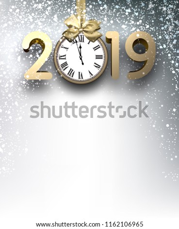 Grey 2019 New Year background with gold figures, clock and snow. Festive greeting card template. Vector illustration.