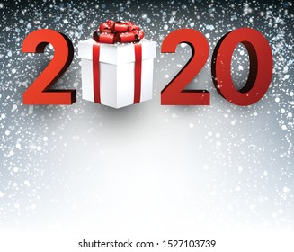 Grey 2020 New Year background with red numbers, gift box and snow. Greeting card or decoration. Vector illustration.