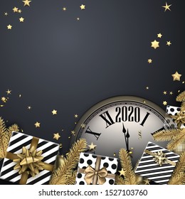 Grey 2020 New Year background with gifts and clock. Top view card. . Winter decoration - Vector