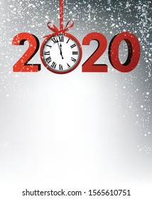 Grey 2020 New Year background with red figures, clock and snow. Festive greeting card template. Vector illustration.