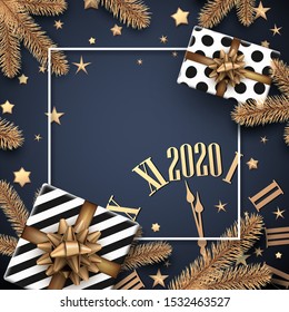 Grey 2020 New Year banner with white frame, golden clock, fir branches and gifts. Christmas greeting card or poster template. Top view illustration. Vector background.