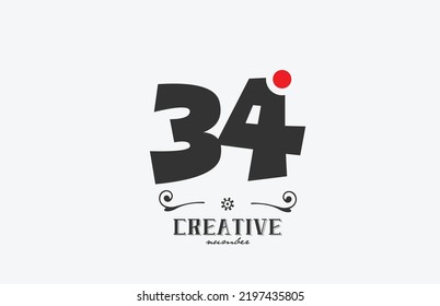 grey 34 number logo icon design with red dot. Creative template for business and company