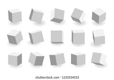 Grey 3D cubes pack isolated on white background. Different light, perspective and angle. Vector illustration