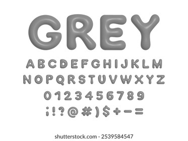 Grey 3d plastic balloon alphabet, symbols and numbers. Shiny inflated Y2K font ABC vector isolated