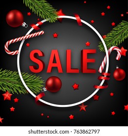 Grey 3d sale background with fir branches, candy and stars. Vector illustration.