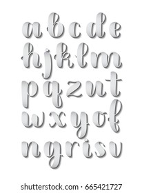 Grey 3d shadow effect hand lettering alphabet design, handwritten brush script modern calligraphy cursive font vector illustration on white background.