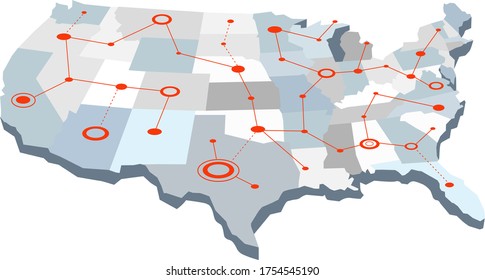 Grey 3d USA network map with connected lines and circles