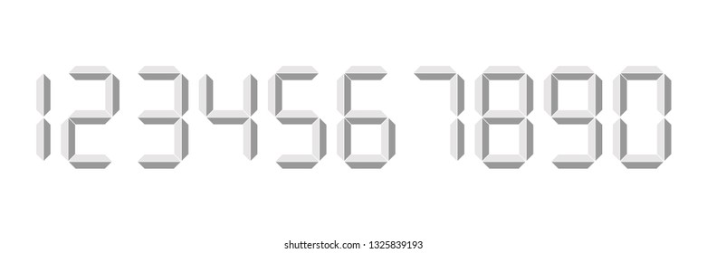 Grey 3D-like digital numbers. Seven-segment display is used in calculators, digital clocks or electronic meters. Vector illustration.