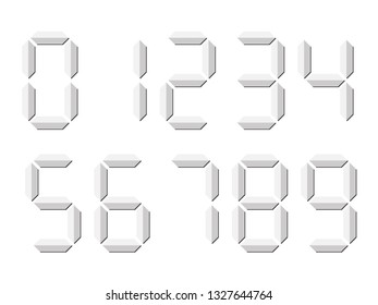Grey 3D-like digital numbers. Seven-segment display is used in calculators, digital clocks or electronic meters. Vector illustration.