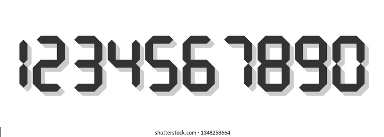 Grey 3D-like digital numbers. Seven-segment display is used in calculators, digital clocks or electronic meters. Vector illustration.