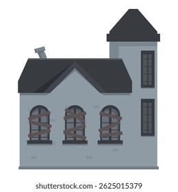 Grey abandoned house with boarded up windows, a tower and a chimney