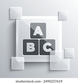 Grey ABC blocks icon isolated on grey background. Alphabet cubes with letters A,B,C. Square glass panels. Vector
