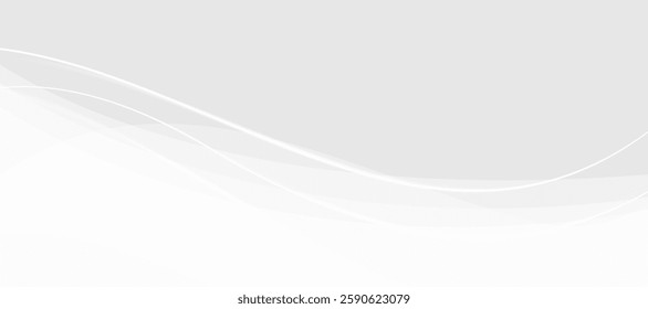 Grey abstract background with glowing wave. White moving lines design element. Modern white gradient flowing wave lines. Futuristic technology concept. Vector illustration
