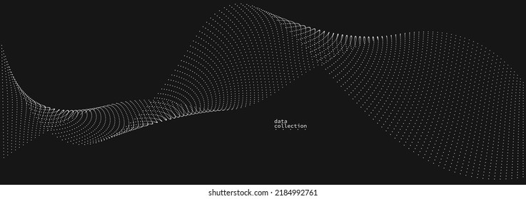 Grey abstract background, vector wave of flowing particles over black, curvy lines of dots in motion, technology and science theme, airy and ease futuristic illustration.