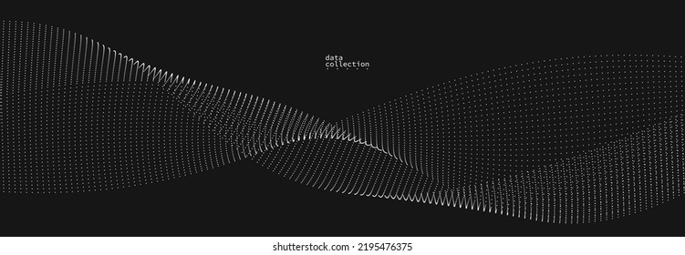 Grauer abstrakter Hintergrund, Vektorwelle von fließenden Teilchen auf Schwarz, kurvige Linien von Punkten in Bewegung, Technologie und Wissenschaft Thema, luftig und einfach futuristische Illustration.