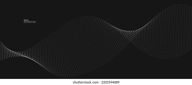 Grey abstract background, vector wave of flowing particles over black, curvy lines of dots in motion, technology and science theme, airy and ease futuristic illustration.