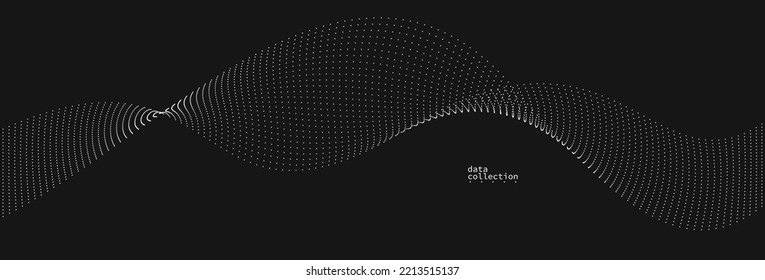 Grey abstract background, vector wave of flowing particles over black, curvy lines of dots in motion, technology and science theme, airy and ease futuristic illustration.