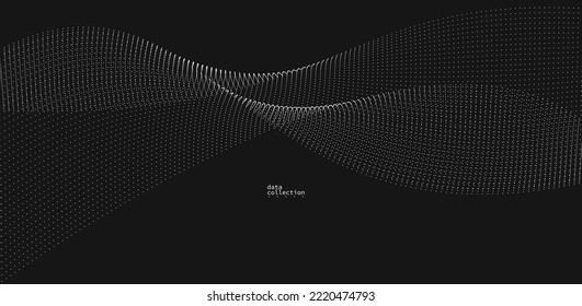 Grey abstract background, vector wave of flowing particles over black, curvy lines of dots in motion, technology and science theme, airy and ease futuristic illustration.