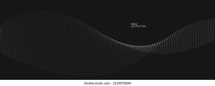 Grey abstract background, vector wave of flowing particles over black, curvy lines of dots in motion, technology and science theme, airy and ease futuristic illustration.