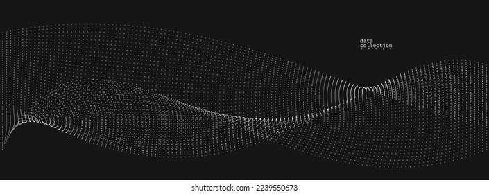 Grey abstract background, vector wave of flowing particles over black, curvy lines of dots in motion, technology and science theme, airy and ease futuristic illustration.