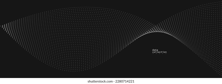 Grey abstract background, vector wave of flowing particles over black, curvy lines of dots in motion, technology and science theme, airy and ease futuristic illustration.