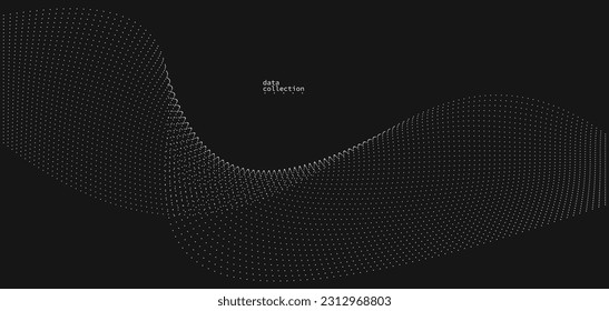 Grey abstract background, vector wave of flowing particles over black, curvy lines of dots in motion, technology and science theme, airy and ease futuristic illustration.