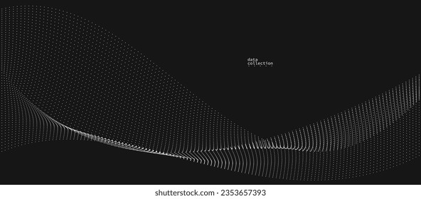 Grey abstract background, vector wave of flowing particles over black, curvy lines of dots in motion, technology and science theme, airy and ease futuristic illustration.