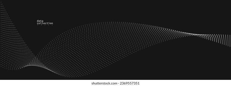 Grey abstract background, vector wave of flowing particles over black, curvy lines of dots in motion, technology and science theme, airy and ease futuristic illustration.