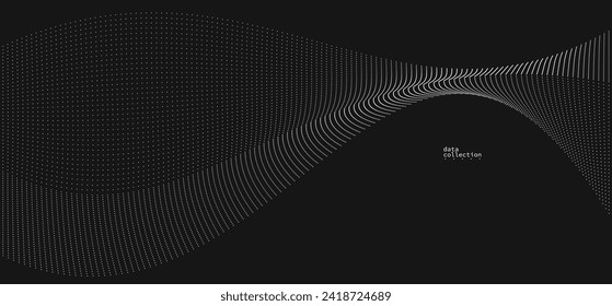 Grey abstract background, vector wave of flowing particles over black, curvy lines of dots in motion, technology and science theme, airy and ease futuristic illustration.