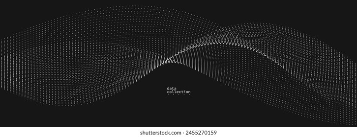 Grey abstract background, vector wave of flowing particles over black, curvy lines of dots in motion, technology and science theme, airy and ease futuristic illustration.