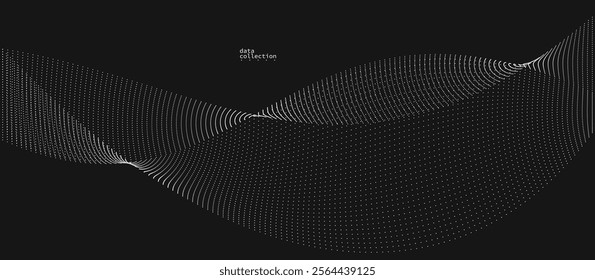 Grey abstract background, vector wave of flowing particles over black, curvy lines of dots in motion, technology and science theme, airy and ease futuristic illustration.