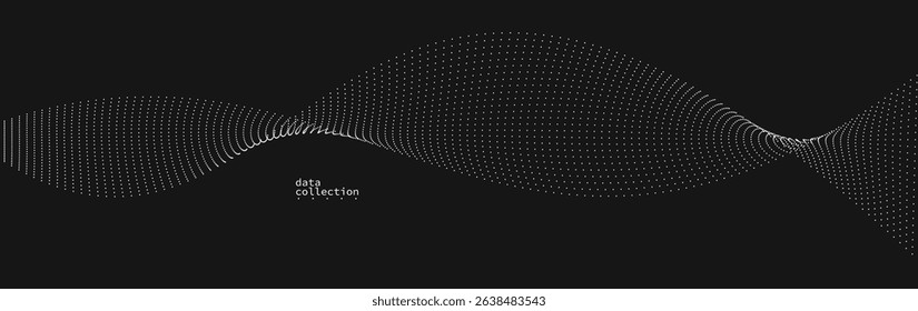 Grey abstract background, vector wave of flowing particles over black, curvy lines of dots in motion, technology and science theme, airy and ease futuristic illustration.