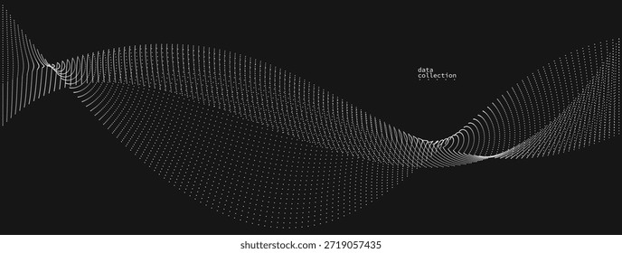 Fundo abstrato cinza, onda vetorial de partículas fluindo sobre preto, linhas curvas de pontos em movimento, tecnologia e tema de ciência, arejado e facilitar ilustração futurista.