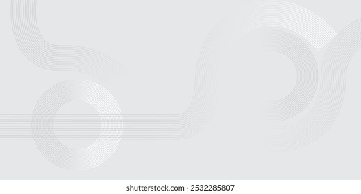 Fundo abstrato cinza com linhas de círculo branco. Projeto de linha de faixa geométrica. Padrão mínimo de linhas. O moderno conceito futurista de fundo.